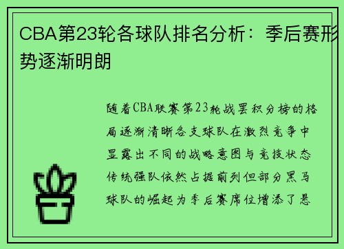 CBA第23轮各球队排名分析：季后赛形势逐渐明朗